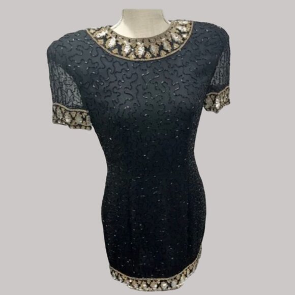 Vintage Lawrence Kazar Beaded Silk Dress Petite PM Black Gold Sequins Cocktail - Picture 1 of 13